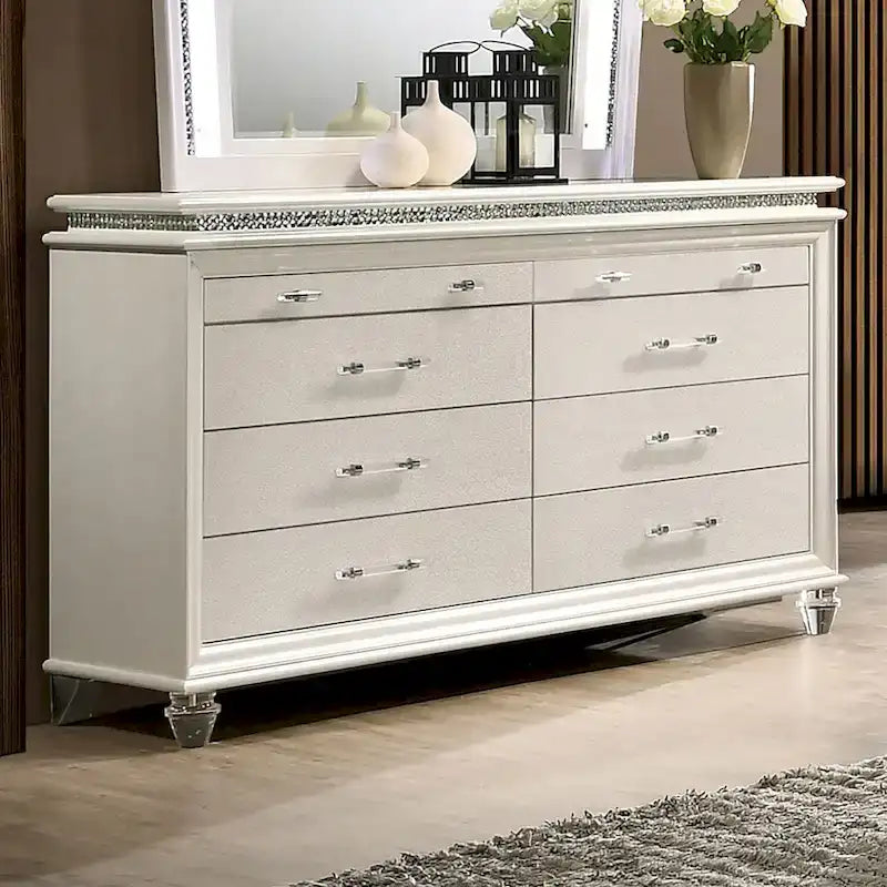 Xian Glam completo letto a piattaforma 3 pezzi in legno massello bianco con comodino e set cassettiera con LED di Furniture of America