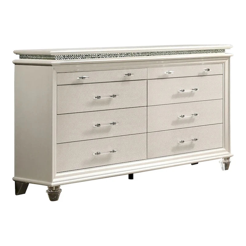 Xian Glam completo letto a piattaforma 3 pezzi in legno massello bianco con comodino e set cassettiera con LED di Furniture of America