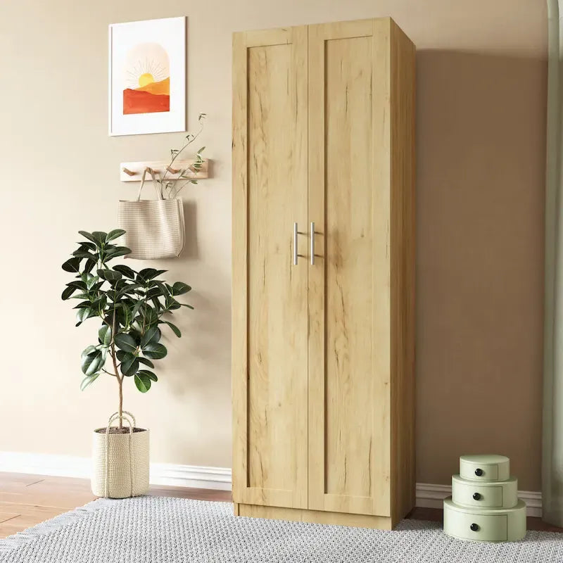 Walnut/Oak/White 2-Door Wardrobe with 3 Shelves