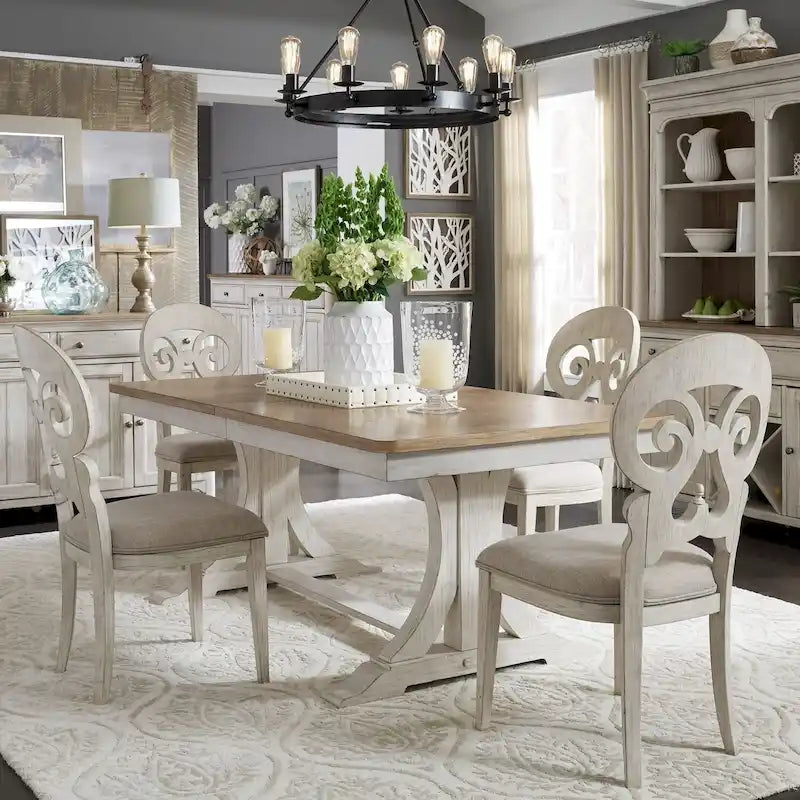 Tavolo a Trespolo Antico Bianco Stile Rustico Rivisitato con Piano Color Castagno