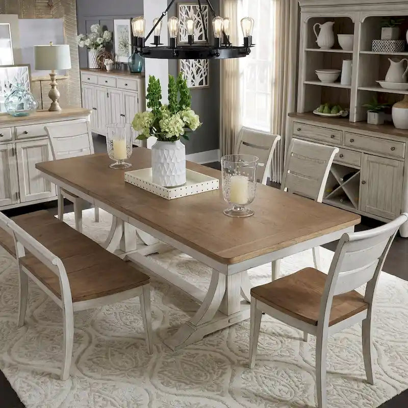 Tavolo a Trespolo Antico Bianco Stile Rustico Rivisitato con Piano Color Castagno