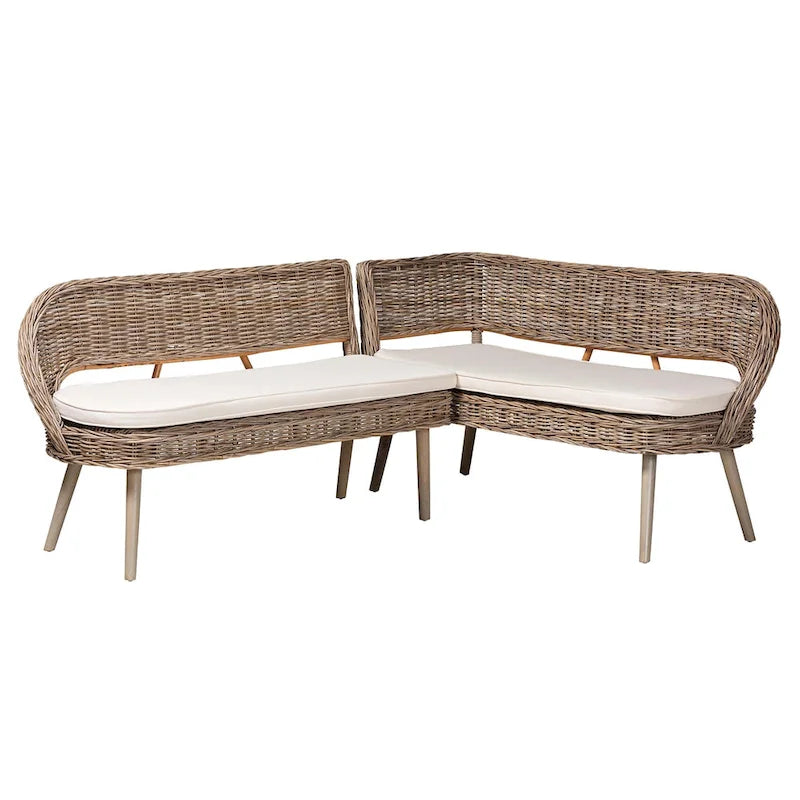 Set di banquette da pranzo Raisa in rattan Kubu naturale bohémien moderno e legno di acacia in 2 pezzi