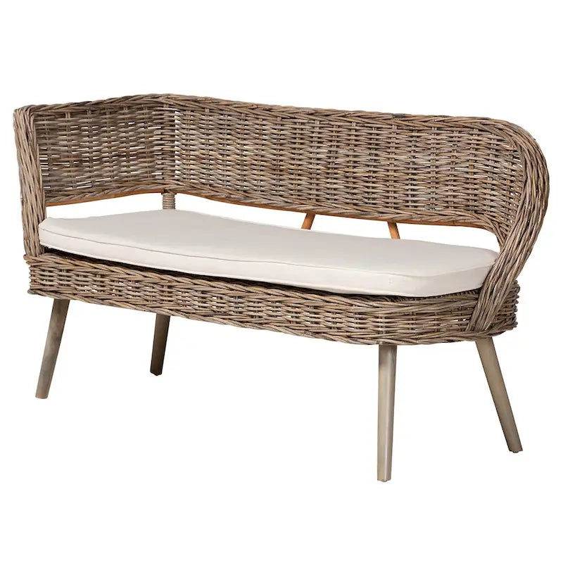 Set di banquette da pranzo Raisa in rattan Kubu naturale bohémien moderno e legno di acacia in 2 pezzi