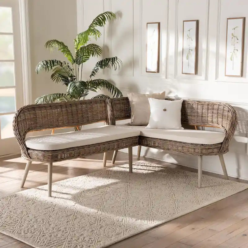 Set di banquette da pranzo Raisa in rattan Kubu naturale bohémien moderno e legno di acacia in 2 pezzi