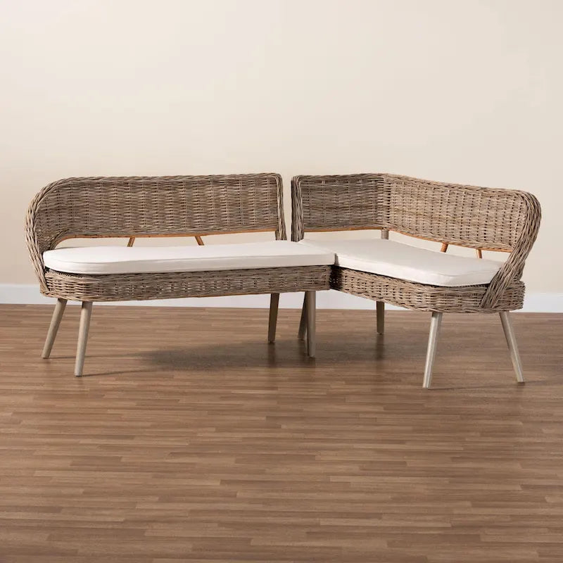Set di banquette da pranzo Raisa in rattan Kubu naturale bohémien moderno e legno di acacia in 2 pezzi