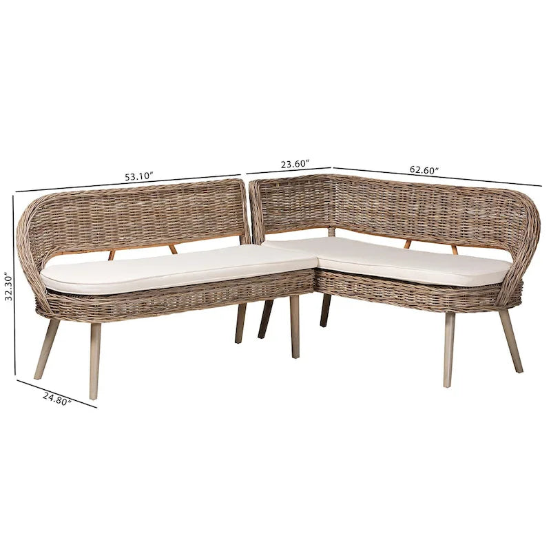 Set di banquette da pranzo Raisa in rattan Kubu naturale bohémien moderno e legno di acacia in 2 pezzi