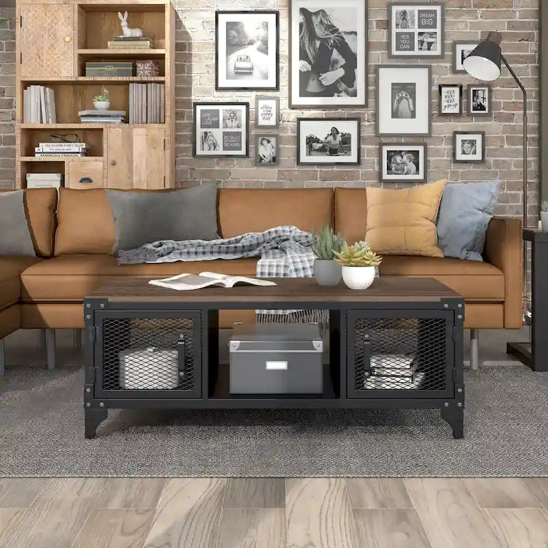 Tavolino contenitore Conner Rustic Black and Dark Walnut da 48 pollici in acciaio di Furniture of America