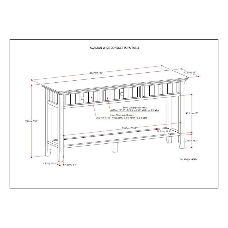 60-Inch Solid Wood Console Table with 3 Drawers (Tobacco Brown/Brunette Brown)