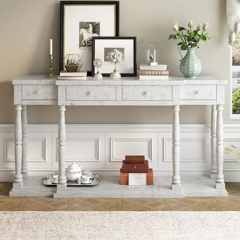 Tavolino console retrò senior a 4 cassetti e 1 ripiano, tavolino da ingresso classico, tavolino da soggiorno con contenitore