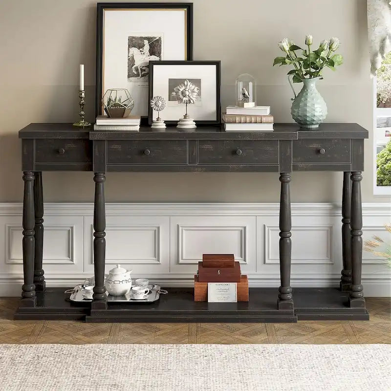 Tavolino console retrò senior a 4 cassetti e 1 ripiano, tavolino da ingresso classico, tavolino da soggiorno con contenitore