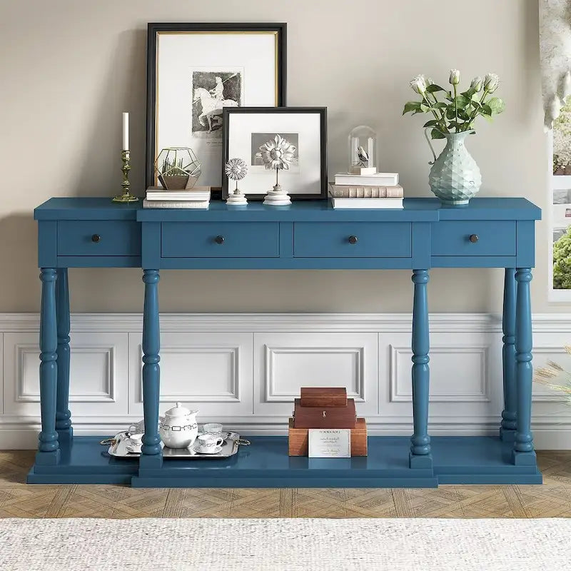 Tavolino console retrò senior a 4 cassetti e 1 ripiano, tavolino da ingresso classico, tavolino da soggiorno con contenitore