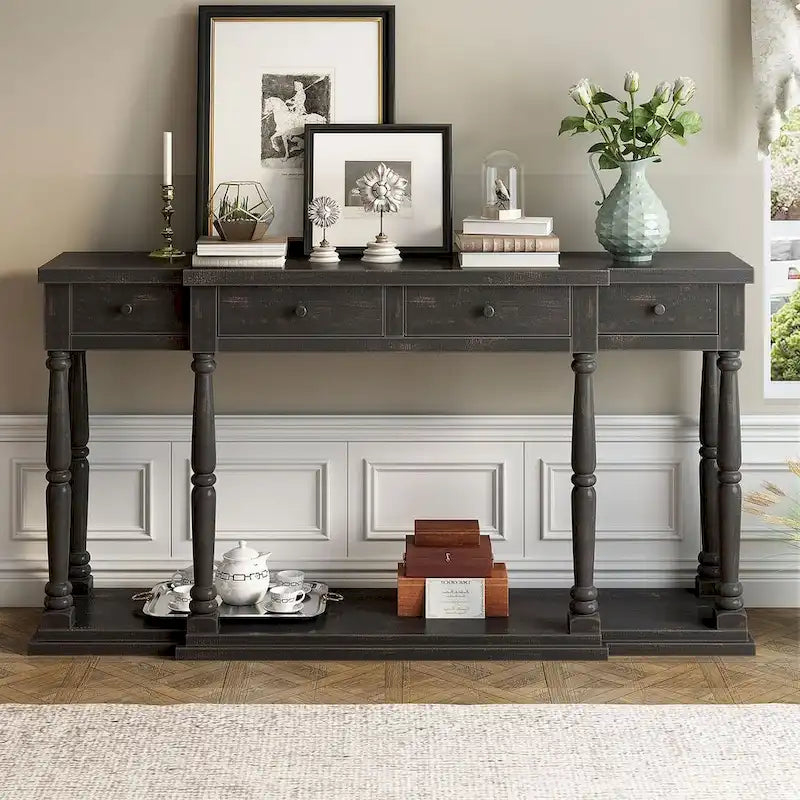 Tavolino console retrò senior a 4 cassetti e 1 ripiano, tavolino da ingresso classico, tavolino da soggiorno con contenitore