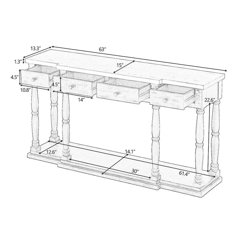 Tavolino console retrò senior a 4 cassetti e 1 ripiano, tavolino da ingresso classico, tavolino da soggiorno con contenitore