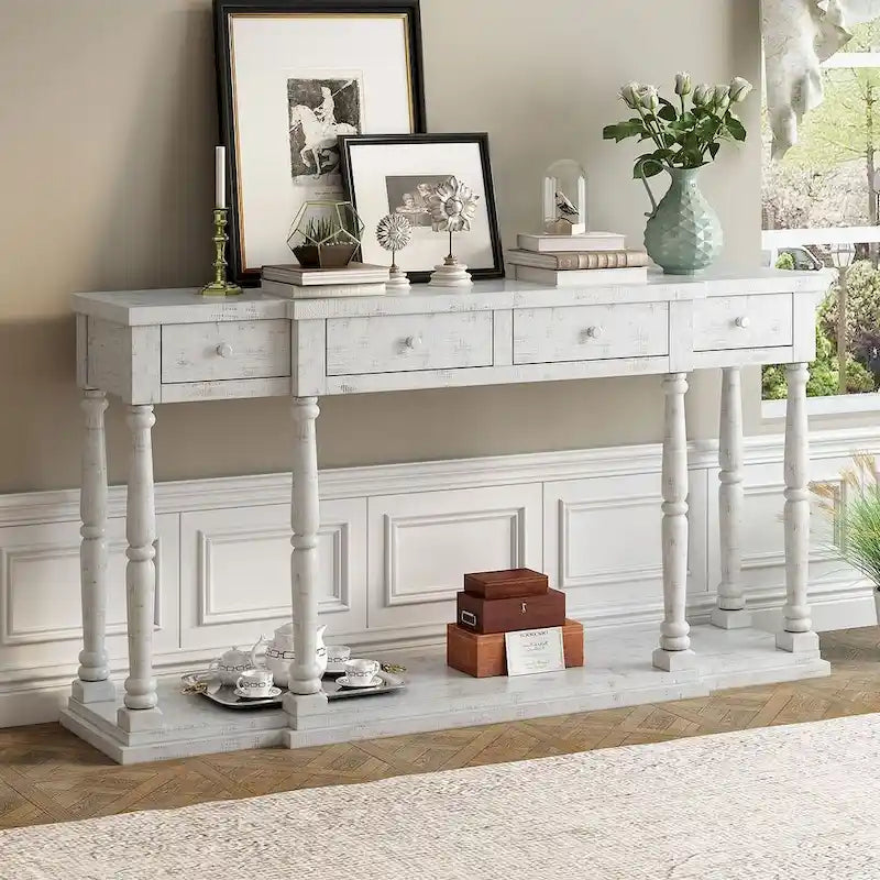 Tavolino console retrò senior a 4 cassetti e 1 ripiano, tavolino da ingresso classico, tavolino da soggiorno con contenitore