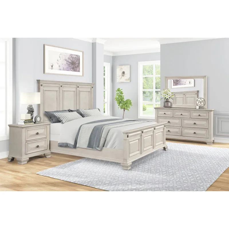 Set camera da letto Roundhill Furniture Renova in legno anticato color pergamena con letto a pannelli, cassettiera, specchio, comodino, comò