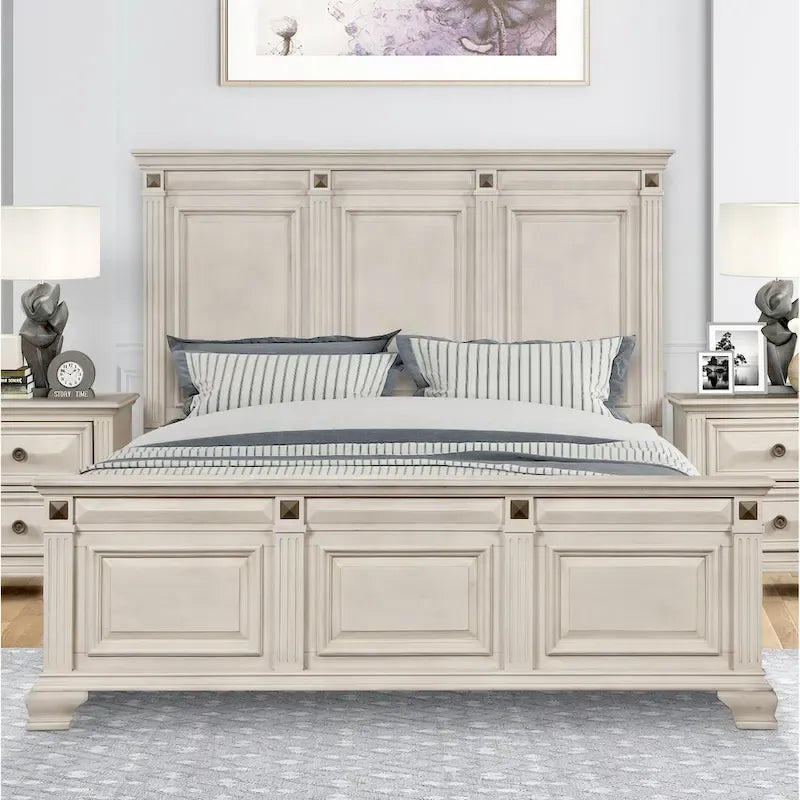 Set camera da letto Roundhill Furniture Renova in legno anticato color pergamena con letto a pannelli, cassettiera, specchio, comodino, comò
