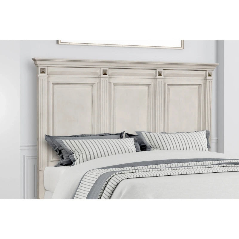 Set camera da letto Roundhill Furniture Renova in legno anticato color pergamena con letto a pannelli, cassettiera, specchio, comodino, comò
