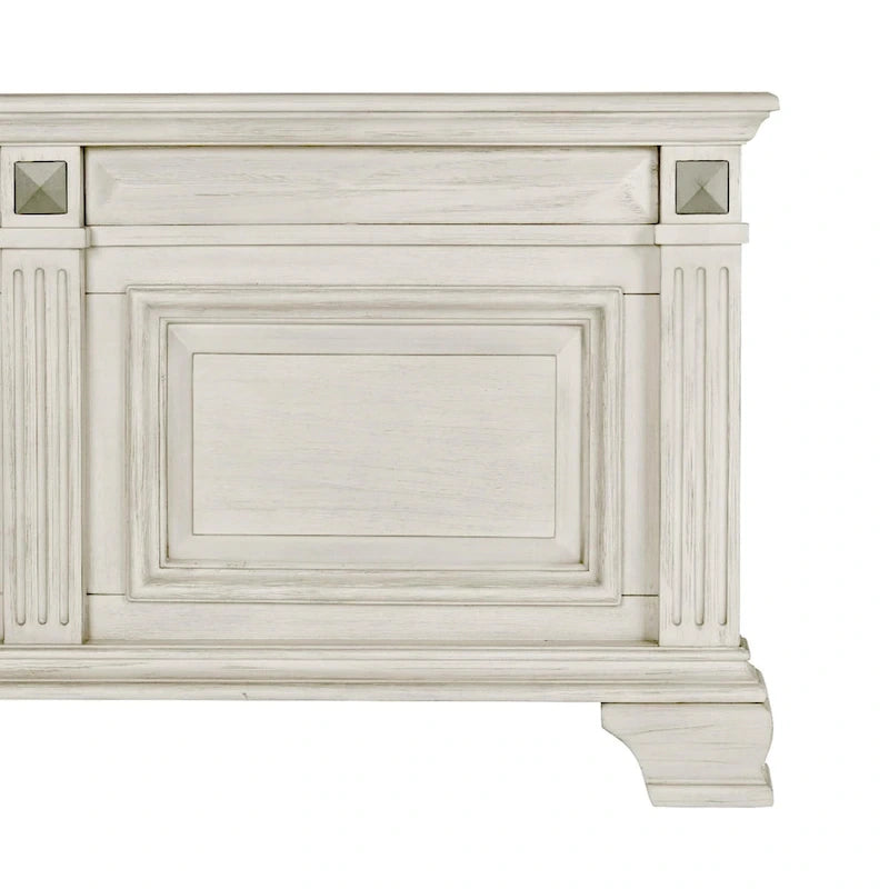 Set camera da letto Roundhill Furniture Renova in legno anticato color pergamena con letto a pannelli, cassettiera, specchio, comodino, comò