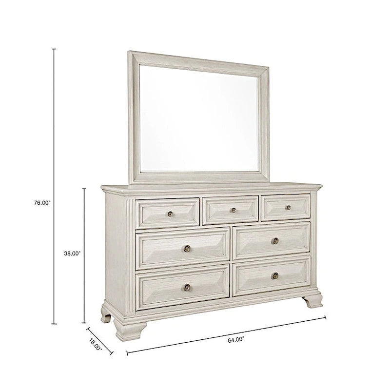 Set camera da letto Roundhill Furniture Renova in legno anticato color pergamena con letto a pannelli, cassettiera, specchio, comodino, comò