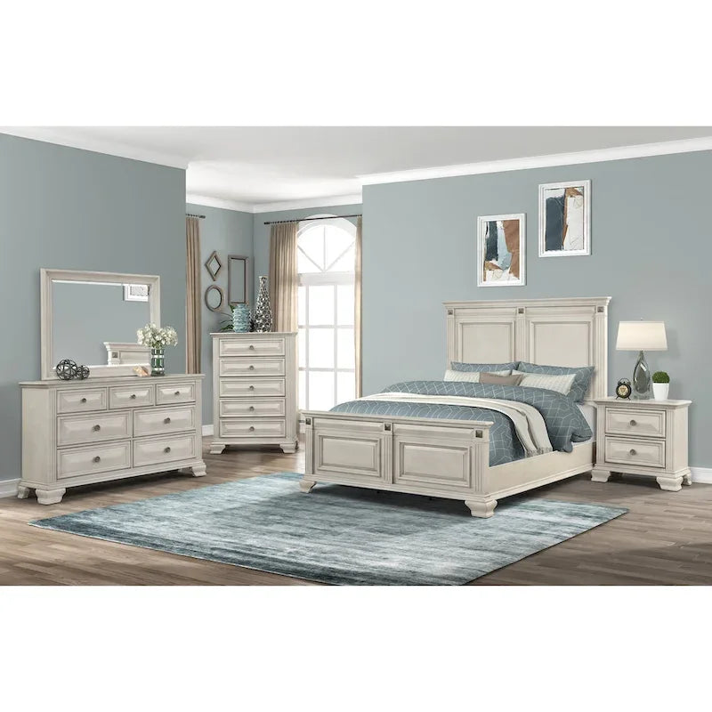 Set camera da letto Roundhill Furniture Renova in legno anticato color pergamena con letto a pannelli, cassettiera, specchio, comodino, comò