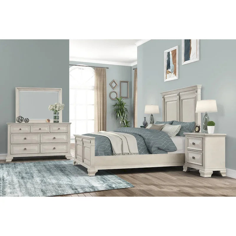 Set camera da letto Roundhill Furniture Renova in legno anticato color pergamena con letto a pannelli, cassettiera, specchio, comodino, comò