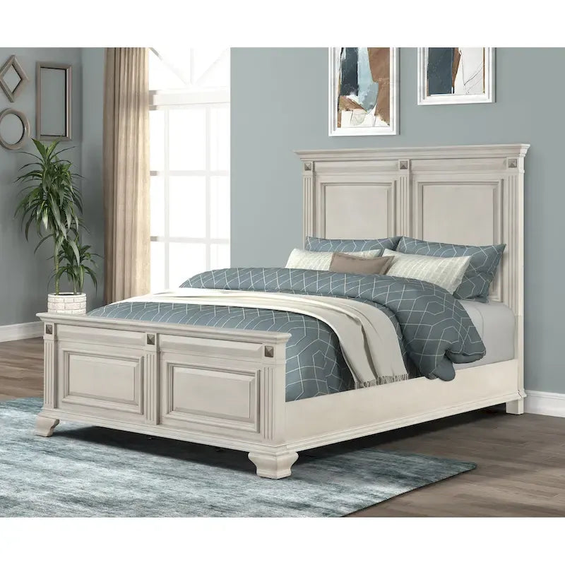 Set camera da letto Roundhill Furniture Renova in legno anticato color pergamena con letto a pannelli, cassettiera, specchio, comodino, comò