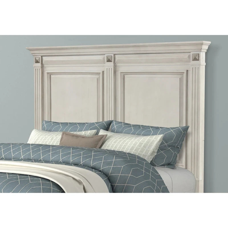 Set camera da letto Roundhill Furniture Renova in legno anticato color pergamena con letto a pannelli, cassettiera, specchio, comodino, comò