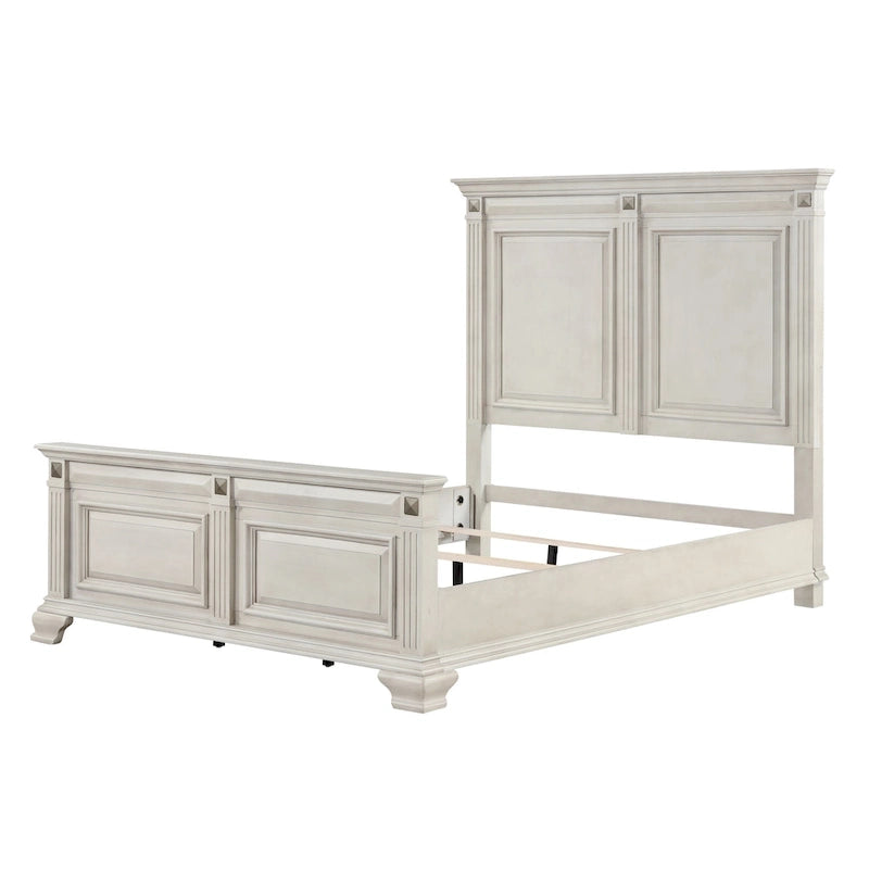 Set camera da letto Roundhill Furniture Renova in legno anticato color pergamena con letto a pannelli, cassettiera, specchio, comodino, comò