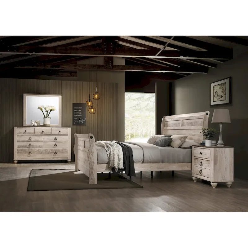 Set da camera da letto Roundhill Furniture Imerland contemporaneo con finitura bianco slavato con letto a slitta, comò, specchio, due comodini