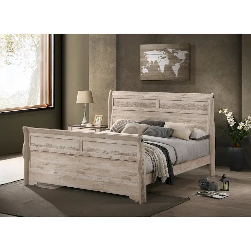 Set da camera da letto Roundhill Furniture Imerland contemporaneo con finitura bianco slavato con letto a slitta, comò, specchio, due comodini