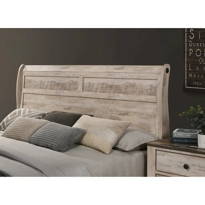 Set da camera da letto Roundhill Furniture Imerland contemporaneo con finitura bianco slavato con letto a slitta, comò, specchio, due comodini