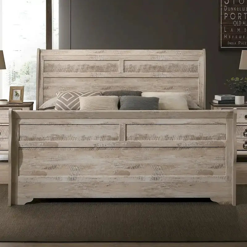 Set da camera da letto Roundhill Furniture Imerland contemporaneo con finitura bianco slavato con letto a slitta, comò, specchio, due comodini