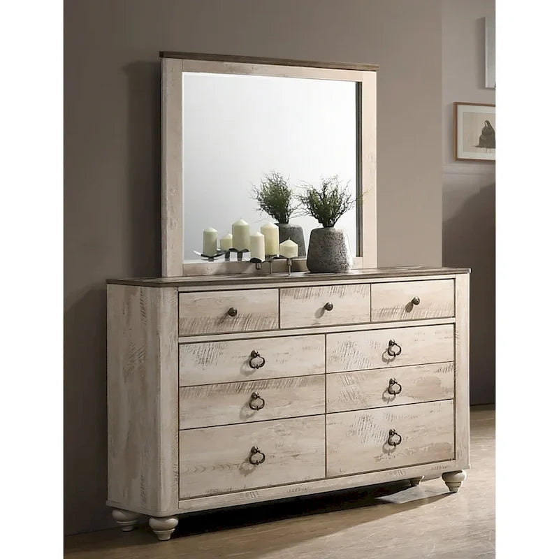 Set da camera da letto Roundhill Furniture Imerland contemporaneo con finitura bianco slavato con letto a slitta, comò, specchio, due comodini