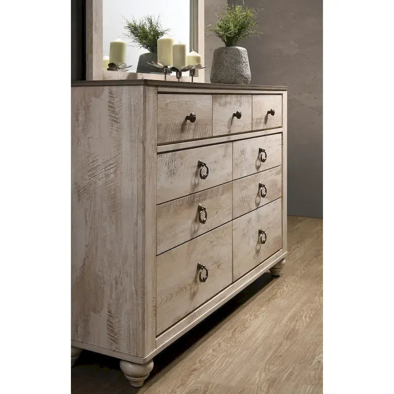 Set da camera da letto Roundhill Furniture Imerland contemporaneo con finitura bianco slavato con letto a slitta, comò, specchio, due comodini