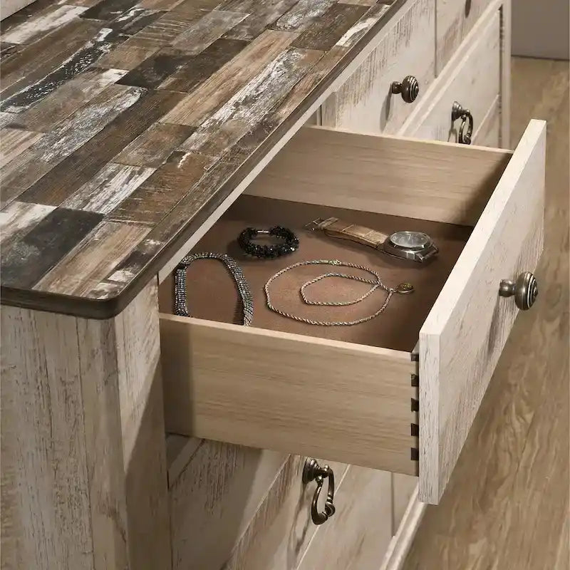 Set da camera da letto Roundhill Furniture Imerland contemporaneo con finitura bianco slavato con letto a slitta, comò, specchio, due comodini