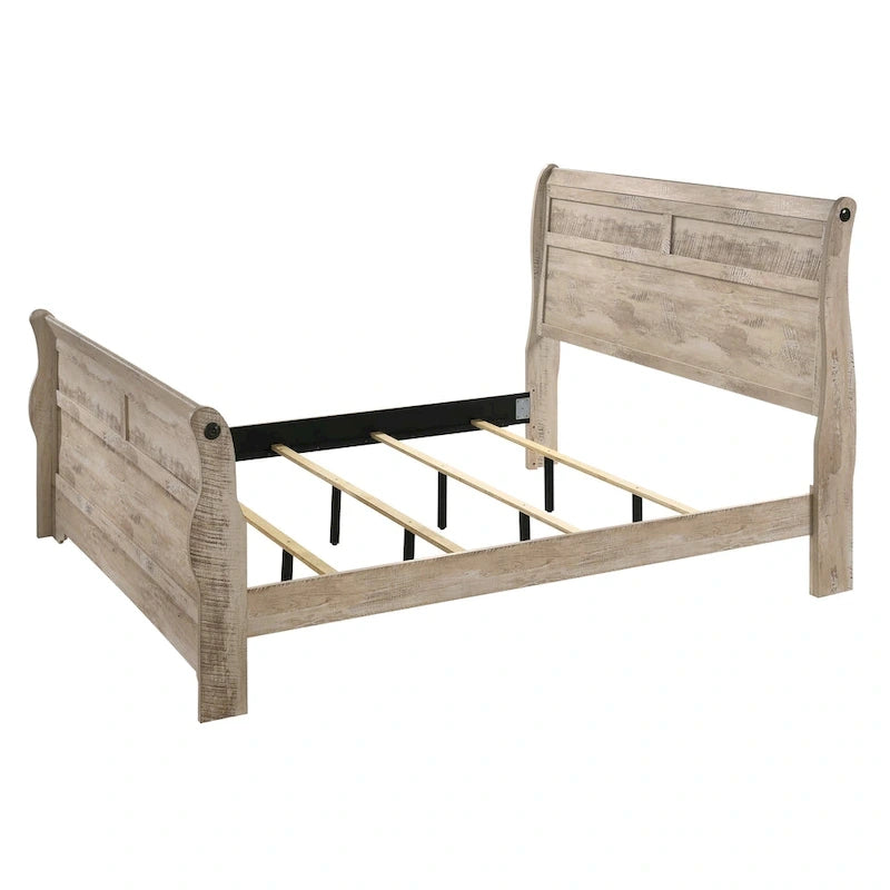Set da camera da letto Roundhill Furniture Imerland contemporaneo con finitura bianco slavato con letto a slitta, comò, specchio, due comodini