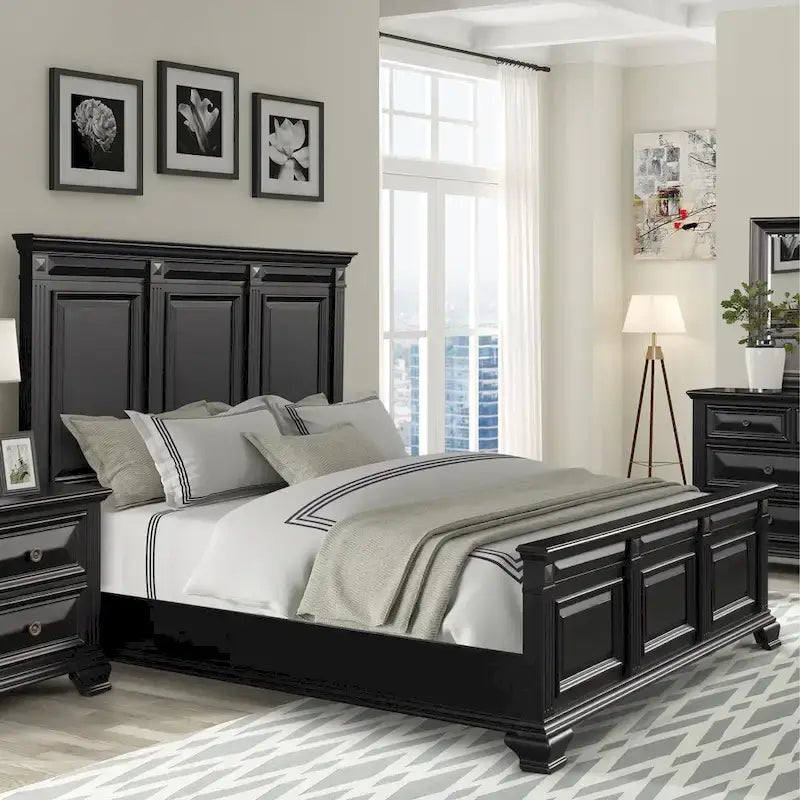 Set Camera da Letto Renova 4 Pezzi con Pannelli in Legno Nero Vintage di Roundhill Furniture