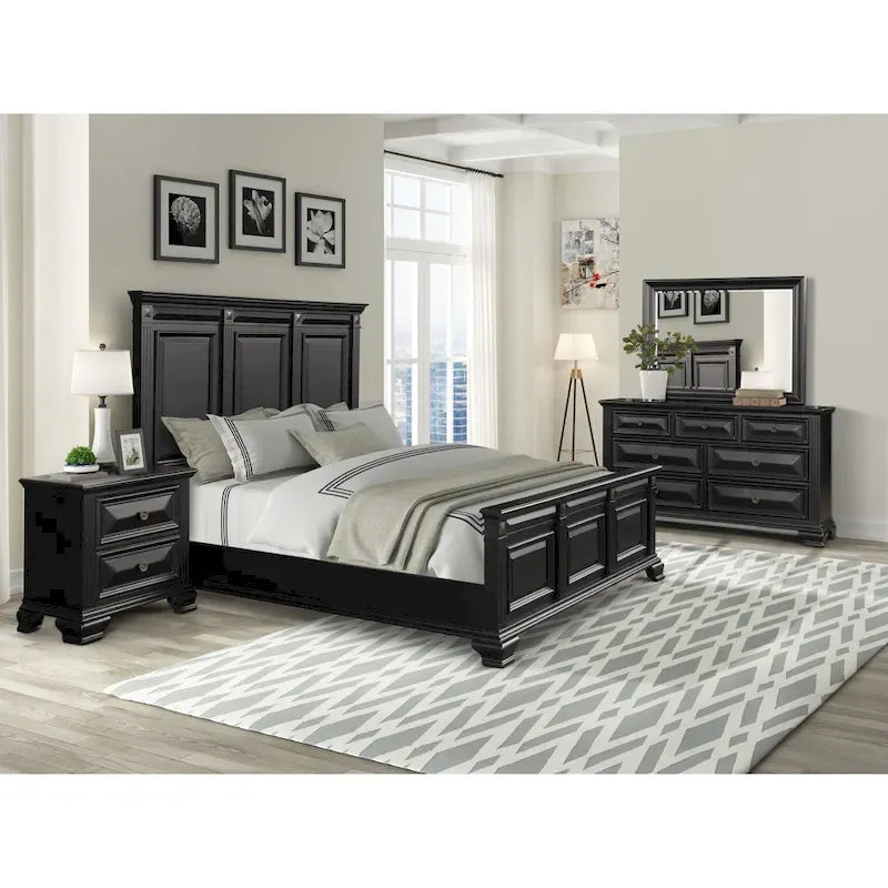 Set Camera da Letto Renova 4 Pezzi con Pannelli in Legno Nero Vintage di Roundhill Furniture