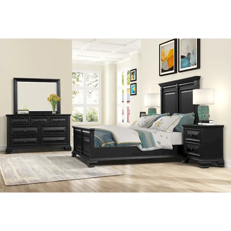 Set Camera da Letto Renova 4 Pezzi con Pannelli in Legno Nero Vintage di Roundhill Furniture