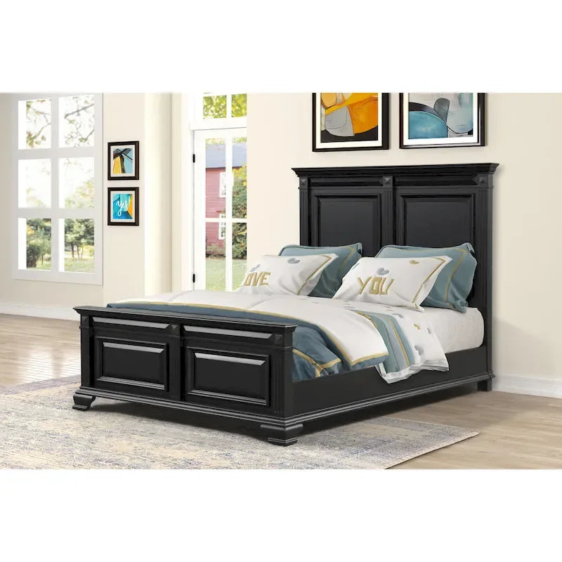 Set Camera da Letto Renova 4 Pezzi con Pannelli in Legno Nero Vintage di Roundhill Furniture