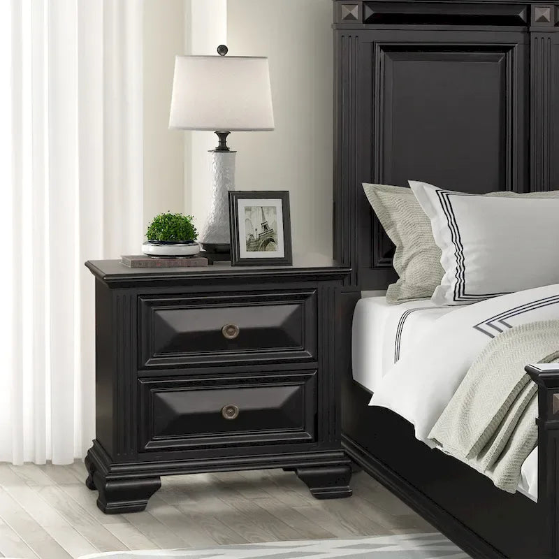 Set Camera da Letto Renova 4 Pezzi con Pannelli in Legno Nero Vintage di Roundhill Furniture
