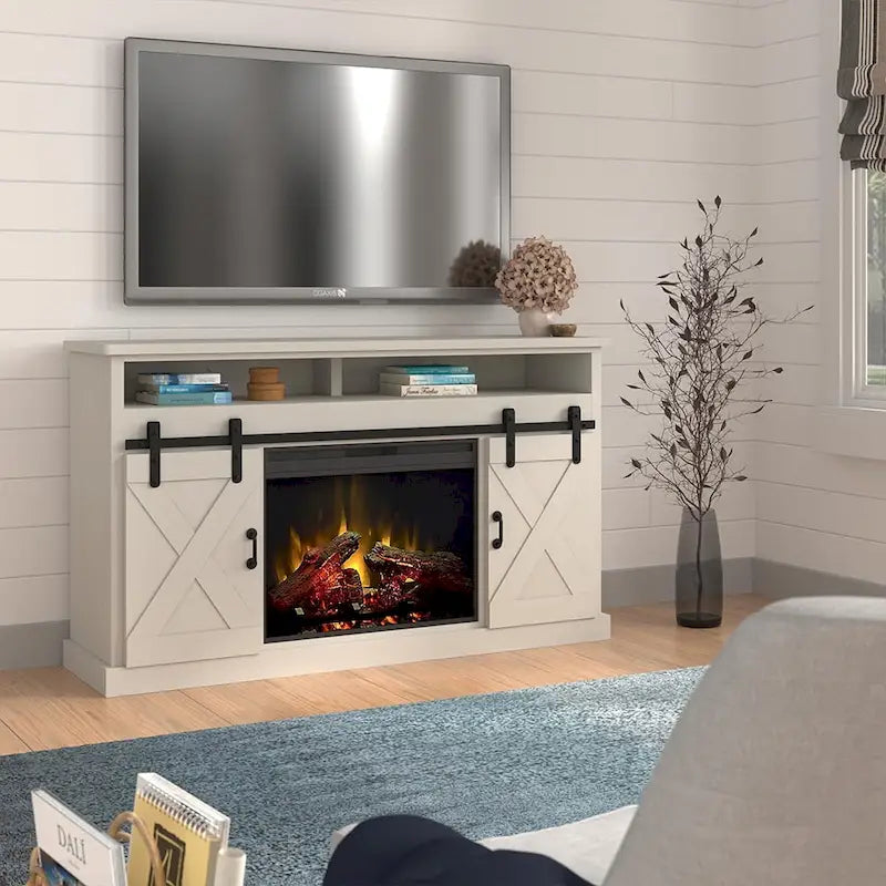 Mobile TV con camino elettrico Bridgevine Home da 66 pollici per TV fino a 80 pollici, finitura bianca