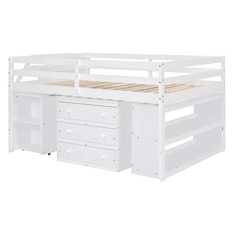 Letto a soppalco full-size con scrivania a scomparsa e 3 cassetti, letto a soppalco in legno con scale contenitore e mensole, bianco