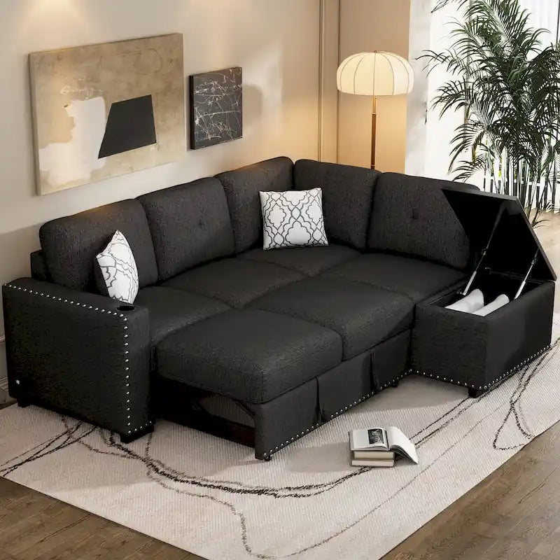 83.8 Divano Letto Angolare a L con Contenitore, Porte USB, Prese di Corrente, Portabicchieri per Soggiorno
