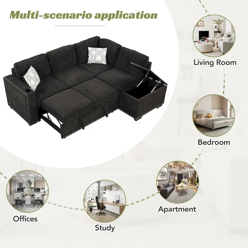 83.8 Divano Letto Angolare a L con Contenitore, Porte USB, Prese di Corrente, Portabicchieri per Soggiorno