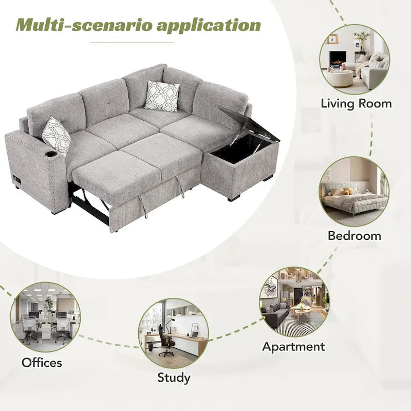 83.8 Divano Letto Angolare a L con Contenitore, Porte USB, Prese di Corrente, Portabicchieri per Soggiorno