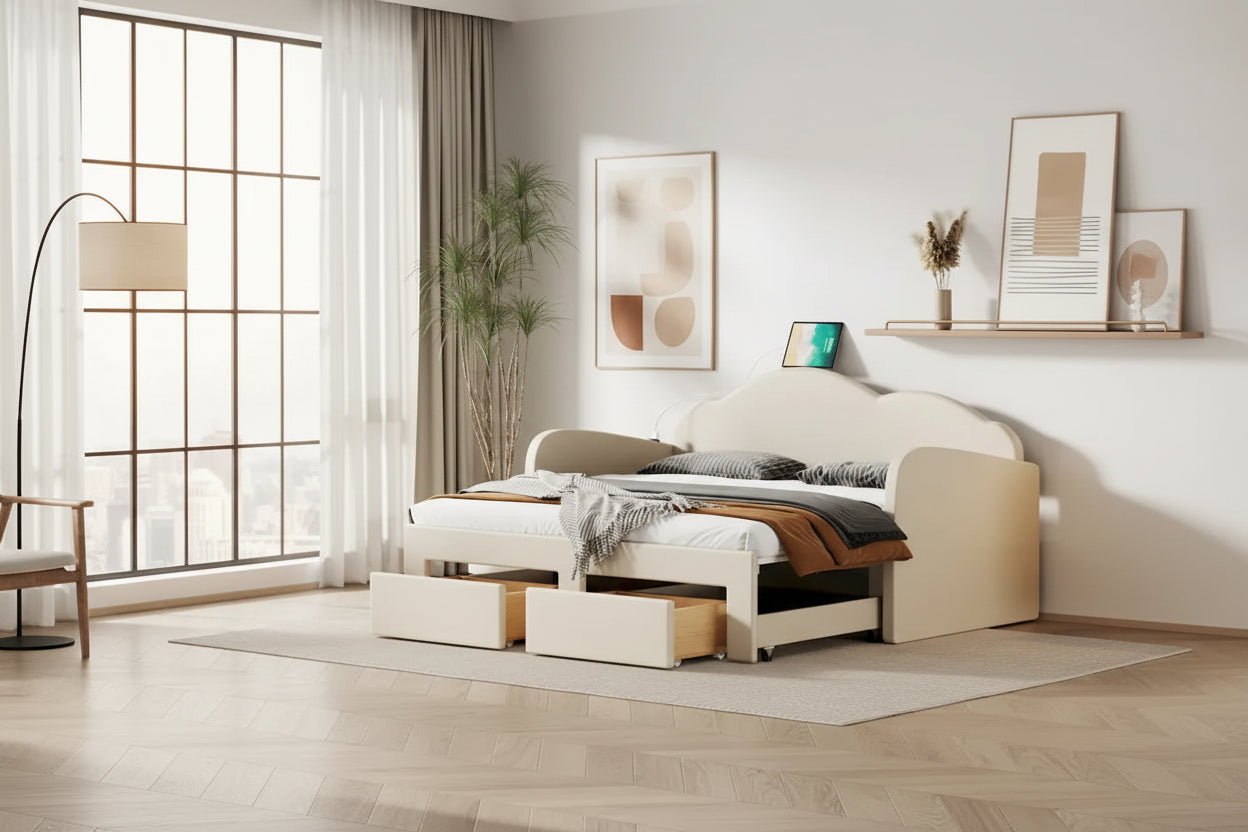 Twin Size Upholstered daybed with Cloud-Shaped Backrest, Trundle & 2 Drawers and USB Ports, Beige