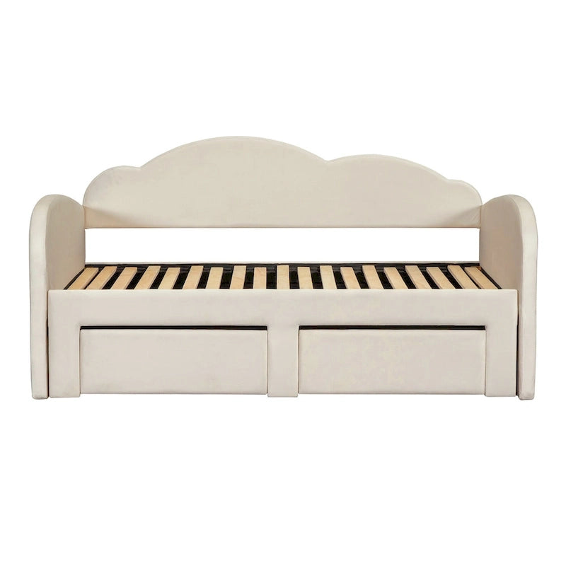 Beige Twin Upholstered Daybed with Cloud-Shaped Backrest, Trundle and Drawers