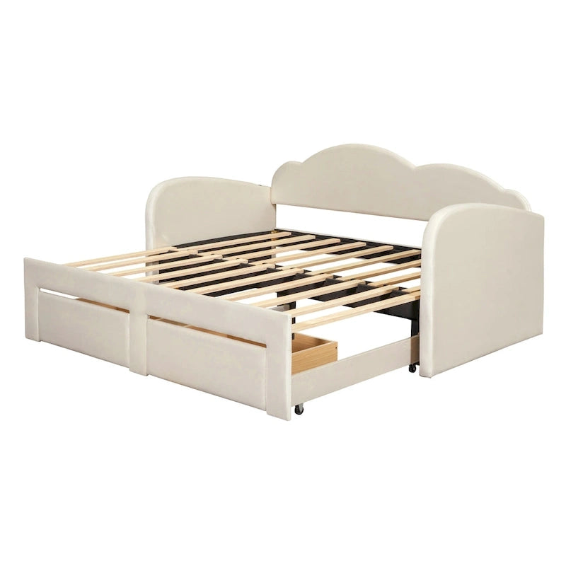 Beige Twin Upholstered Daybed with Cloud-Shaped Backrest, Trundle and Drawers