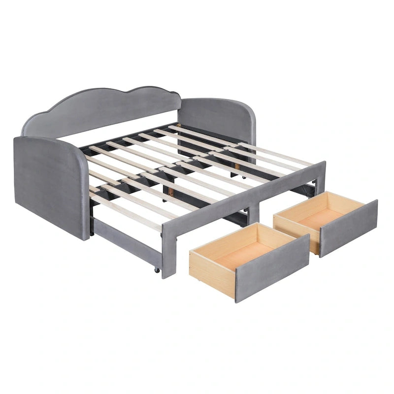 Beige Twin Upholstered Daybed with Cloud-Shaped Backrest, Trundle and Drawers